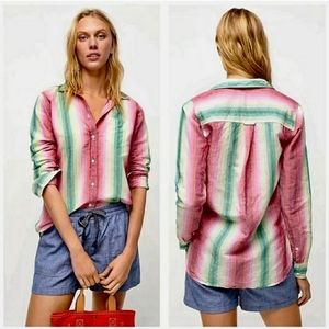 J. Crew Linen Classic Fit Rainbow Striped Long Sleeve Shirt